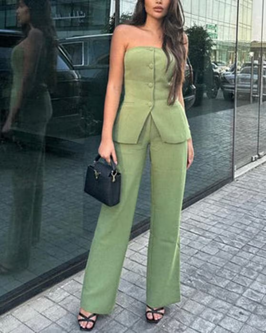 BRIA - Strapless Buttoned Two-Piece Set