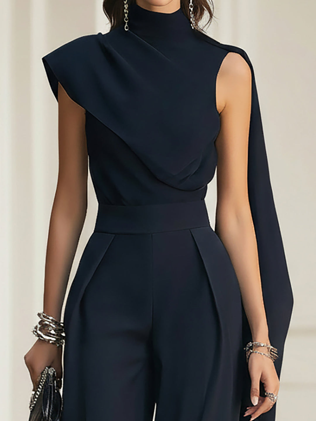 Navy Chiffon Draped Top And Wide Leg Pants Set