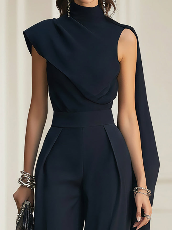 Navy Chiffon Draped Top And Wide Leg Pants Set