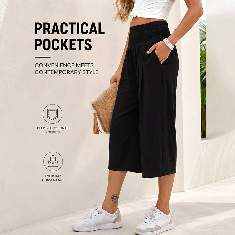 Women's Elastic Waist Cropped Wide-Leg Pants  Lightweight & Breathable