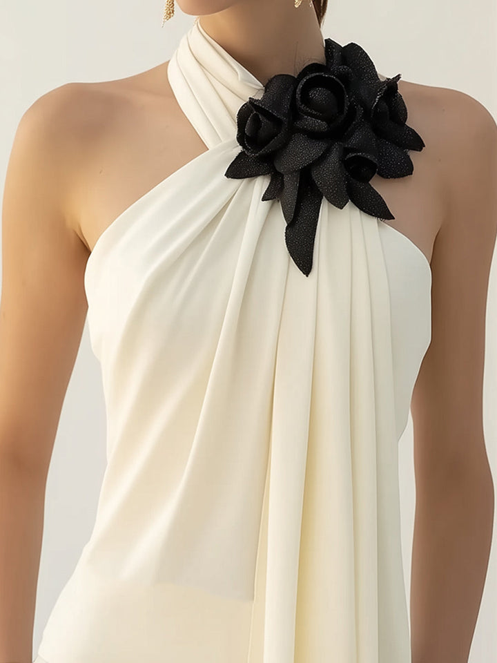 Chic Draped Halter Top With Elegant Floral Detailing