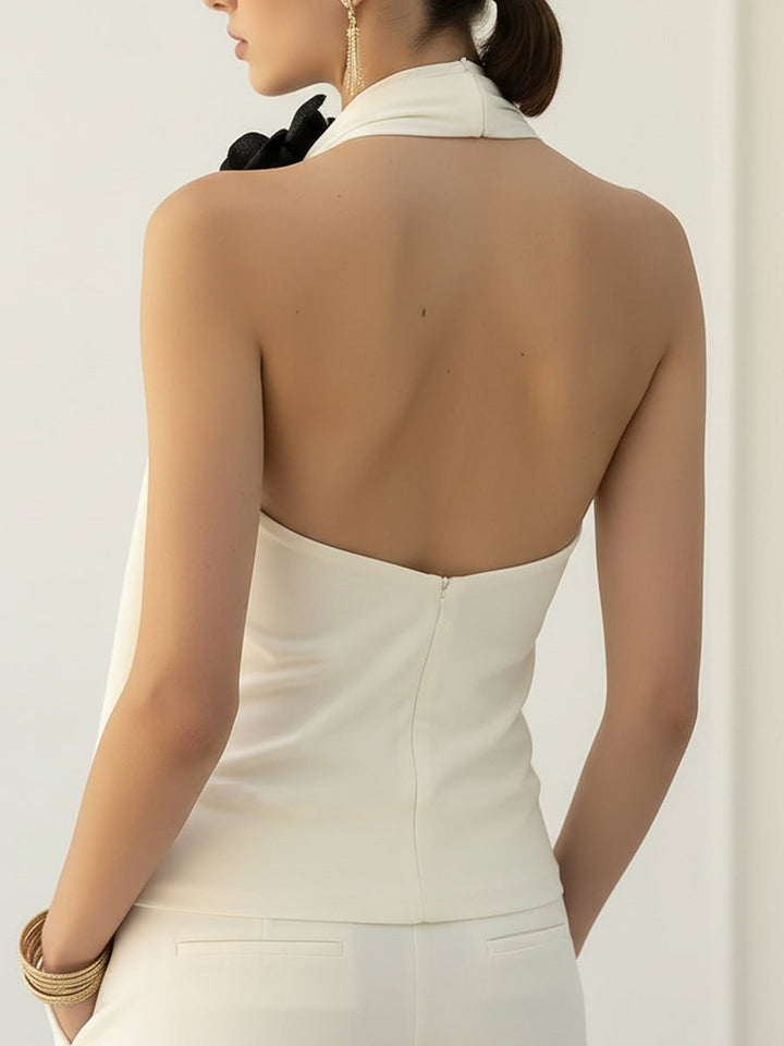 Chic Draped Halter Top With Elegant Floral Detailing