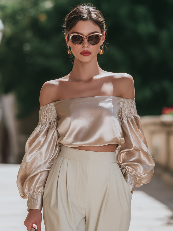 Silk-Feel Off-Shoulder Blouse With Smocked Sleeves