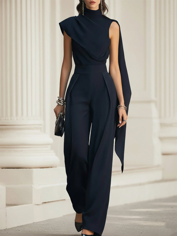 Navy Chiffon Draped Top And Wide Leg Pants Set