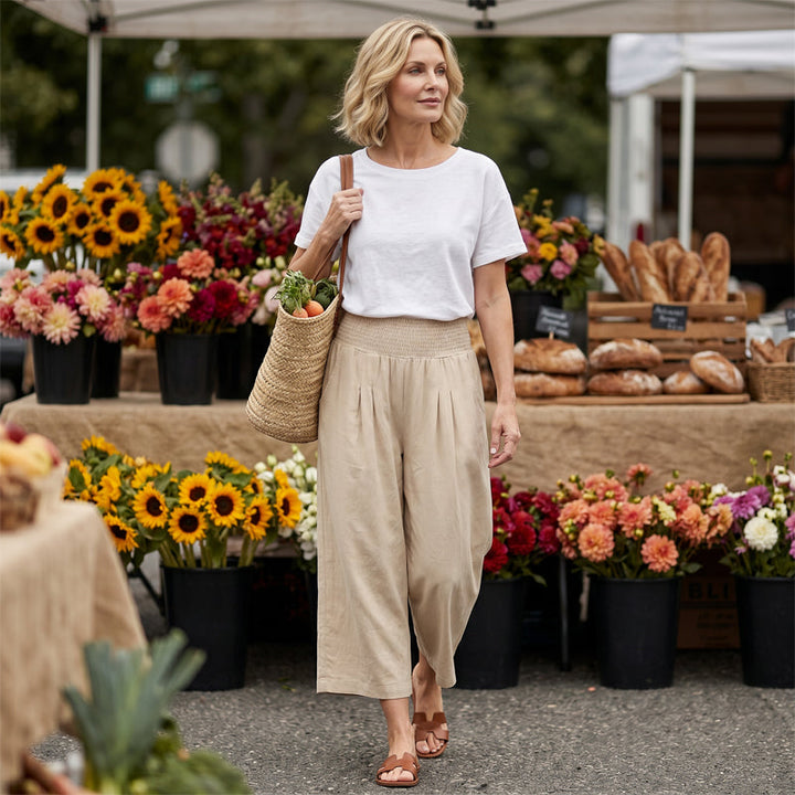 Women's Elastic Waist Cropped Wide-Leg Pants  Lightweight & Breathable