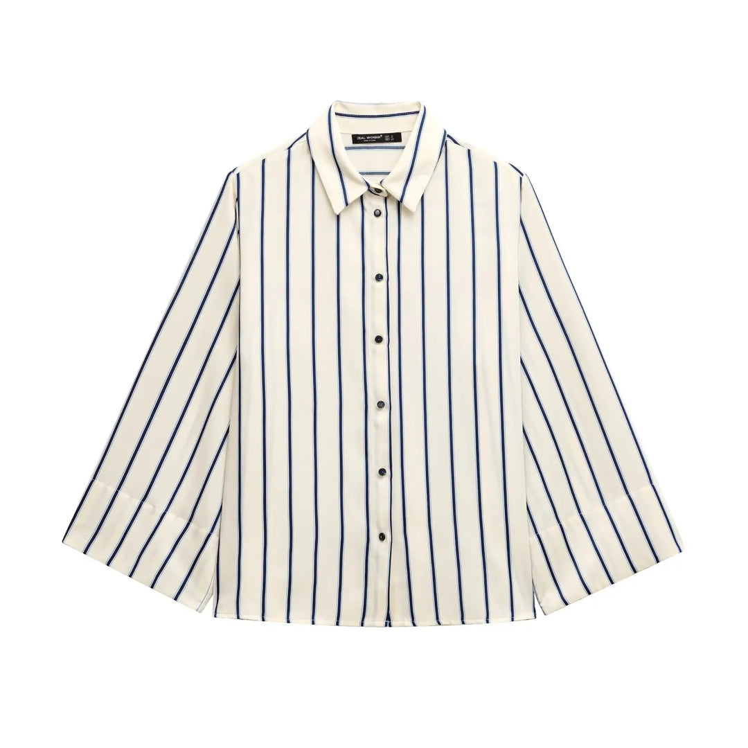 European Striped Button-Up Blouse