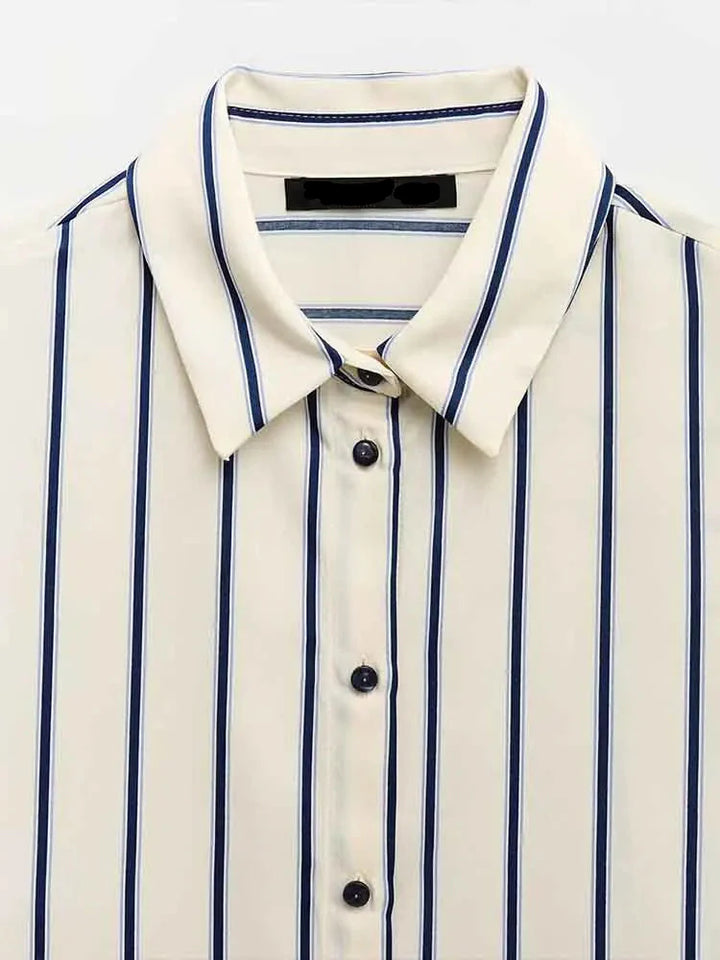 European Striped Button-Up Blouse