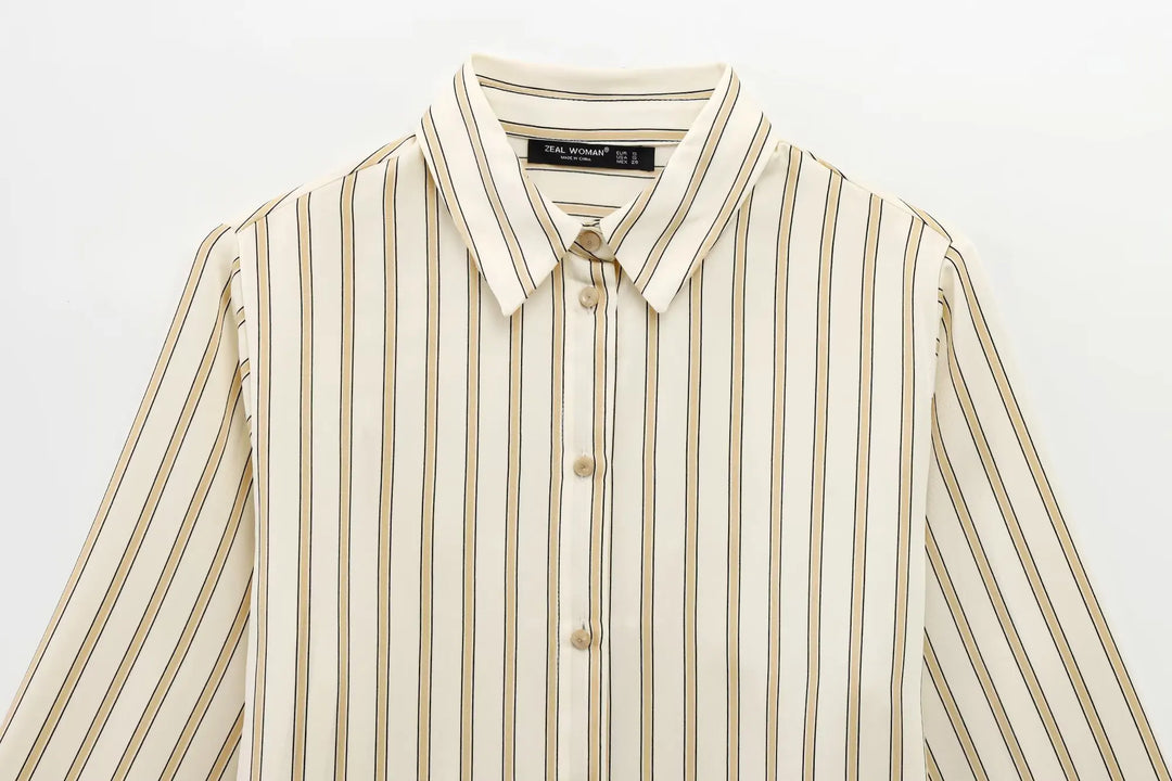 European Striped Button-Up Blouse