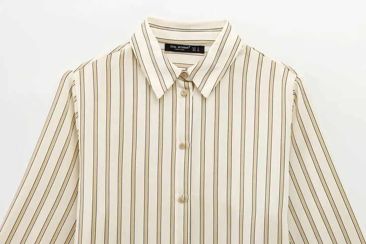 European Striped Button-Up Blouse
