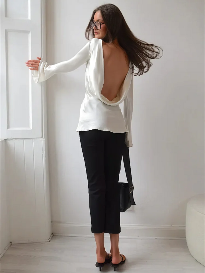 Elara Women’s Satin Long Sleeve Bell Cuff Top