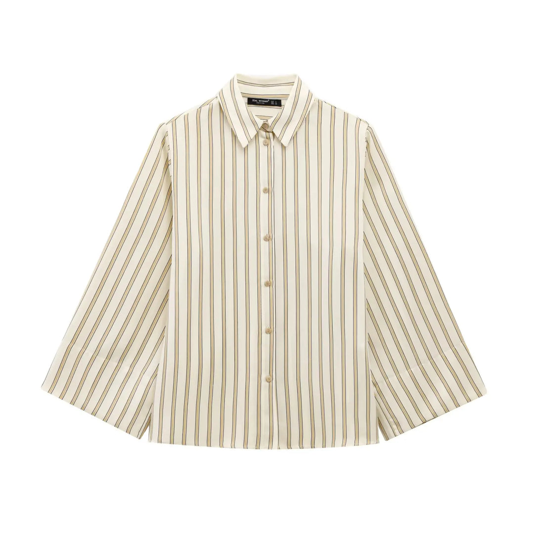 European Striped Button-Up Blouse
