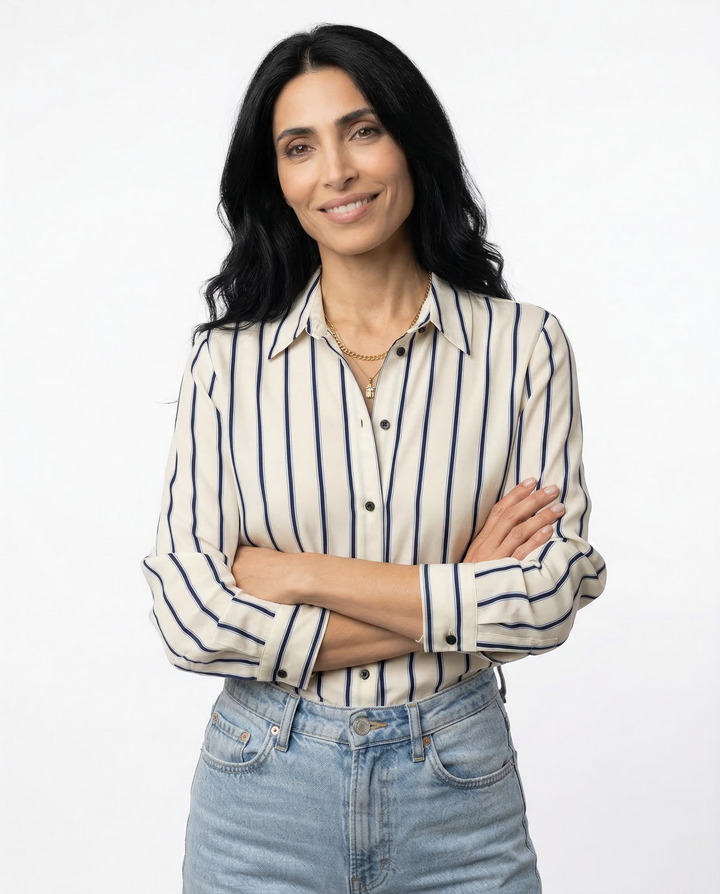 European Striped Button-Up Blouse