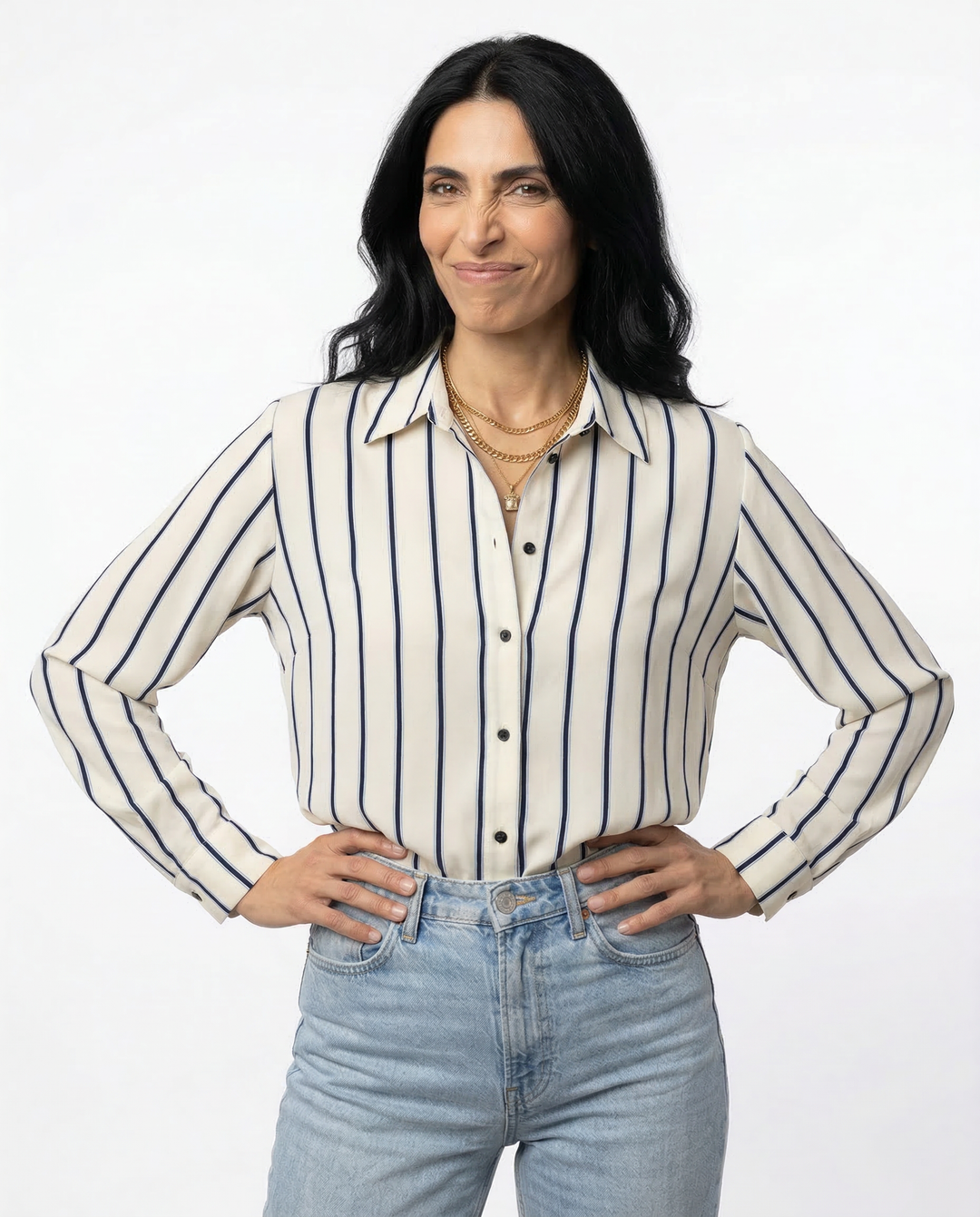 European Striped Button-Up Blouse