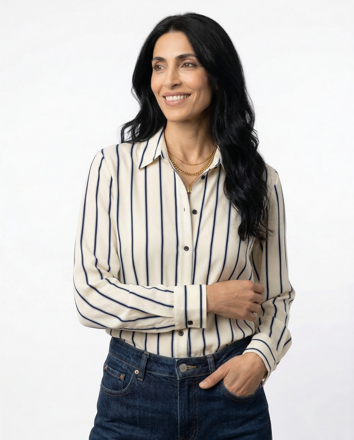 European Striped Button-Up Blouse