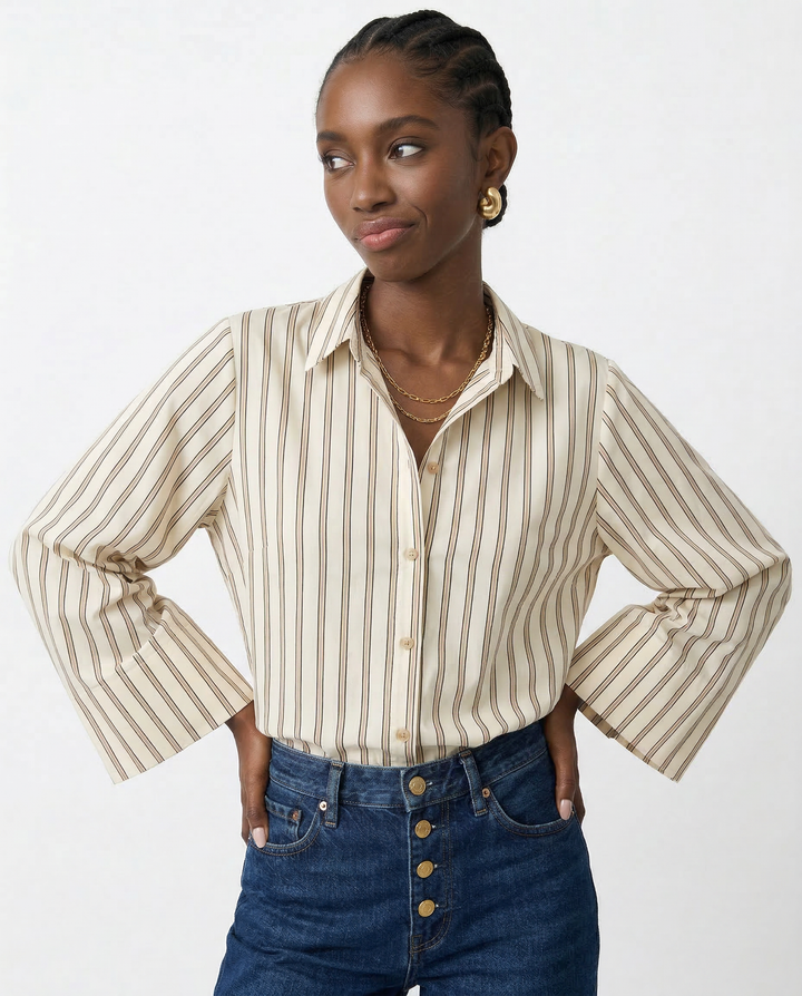 European Striped Button-Up Blouse