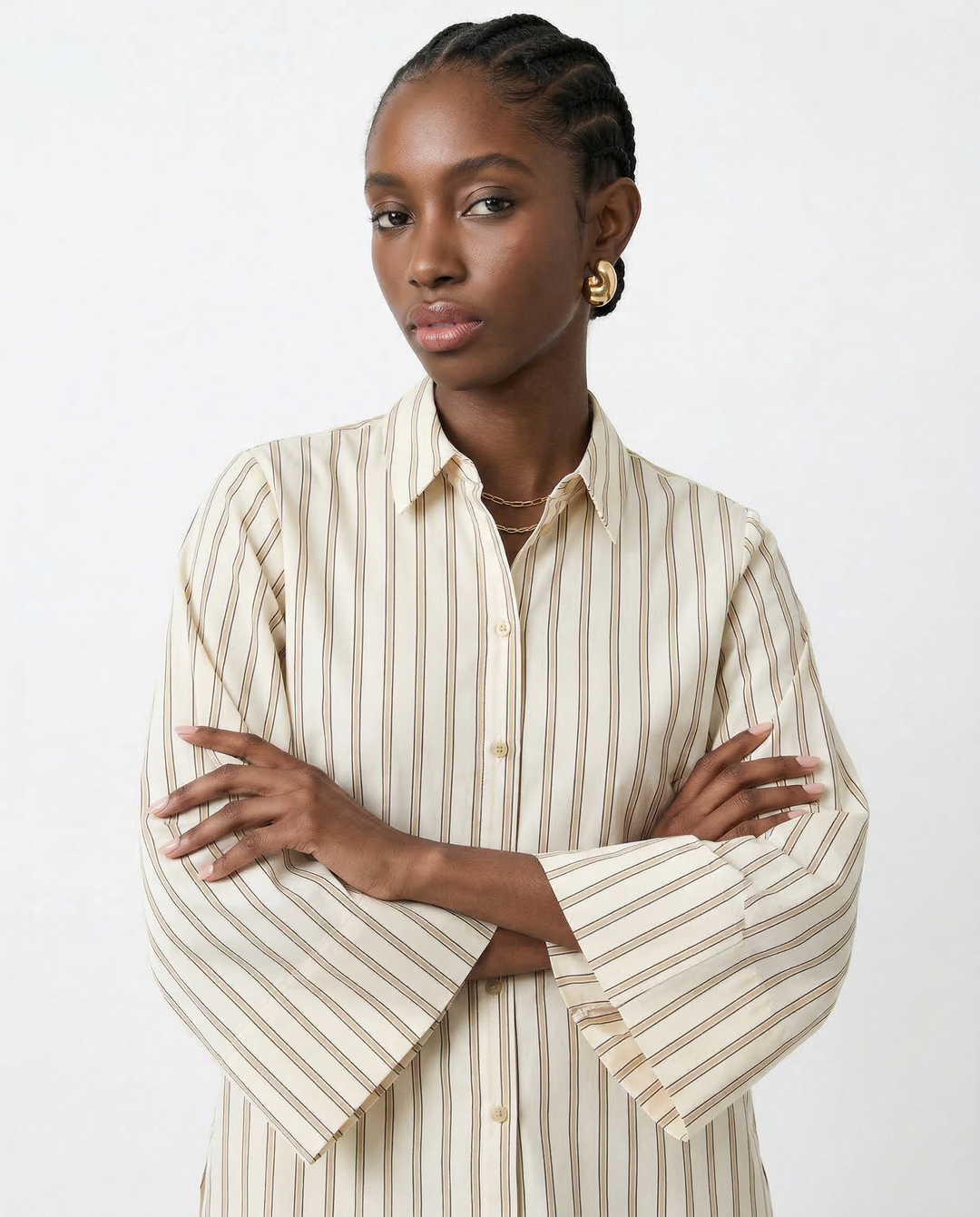 European Striped Button-Up Blouse