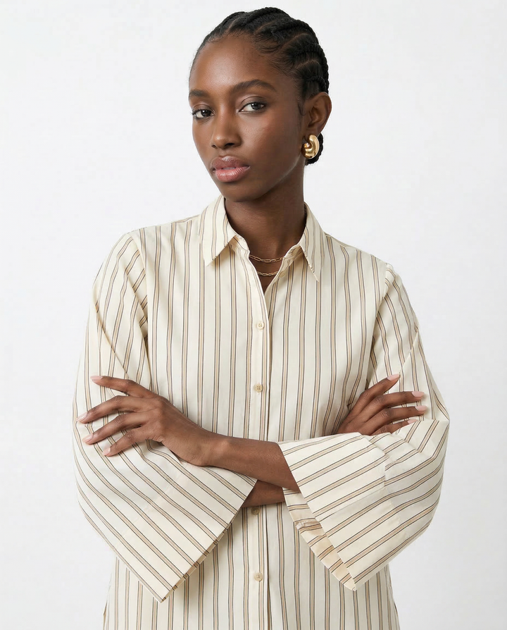 European Striped Button-Up Blouse
