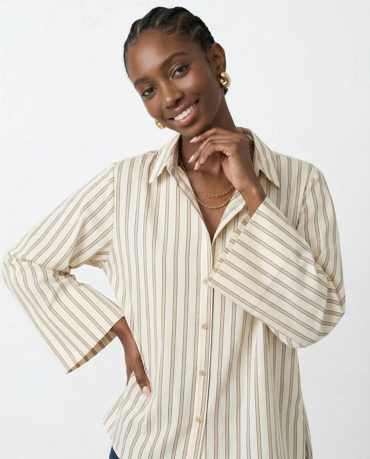 European Striped Button-Up Blouse
