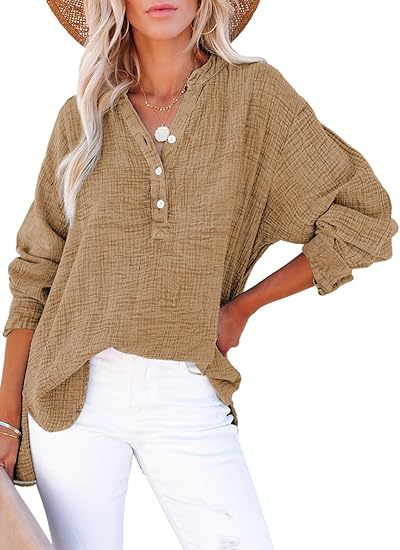 Casual Button-Down Textured Long-Sleeve Blouse