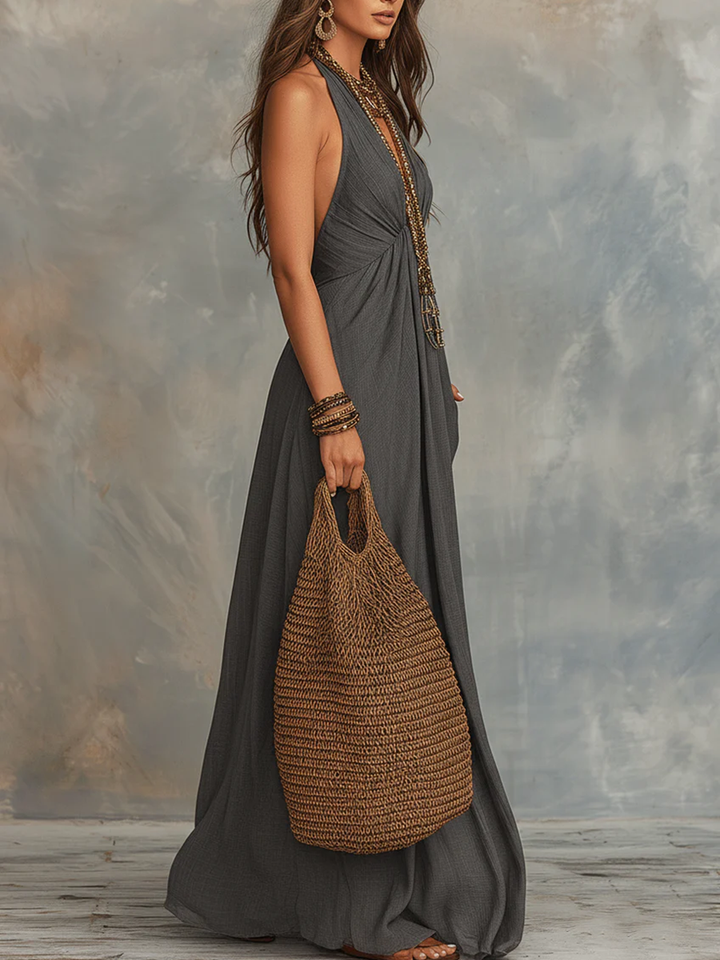 Elegant & Minimalist Halter-neck Cotton-linen Maxi Dress