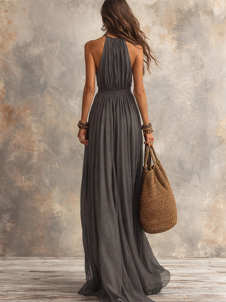 Elegant & Minimalist Halter-neck Cotton-linen Maxi Dress