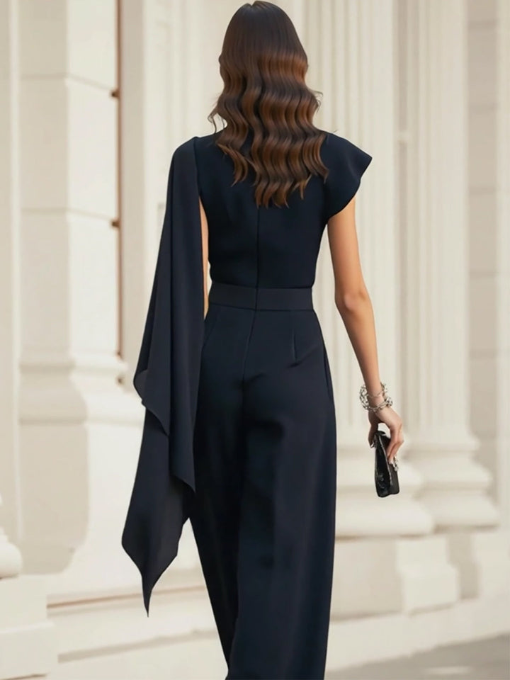 Navy Chiffon Draped Top And Wide Leg Pants Set