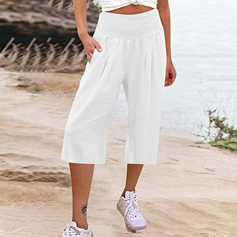 Women's Elastic Waist Cropped Wide-Leg Pants  Lightweight & Breathable